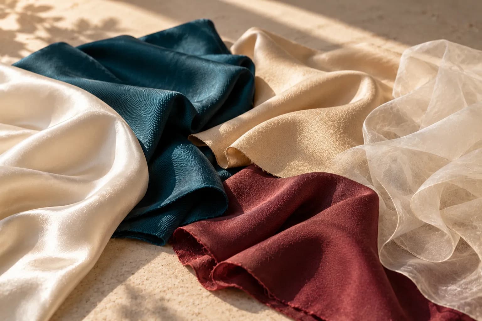 Silk fabrics in ivory, navy and burgundy draped in folds.