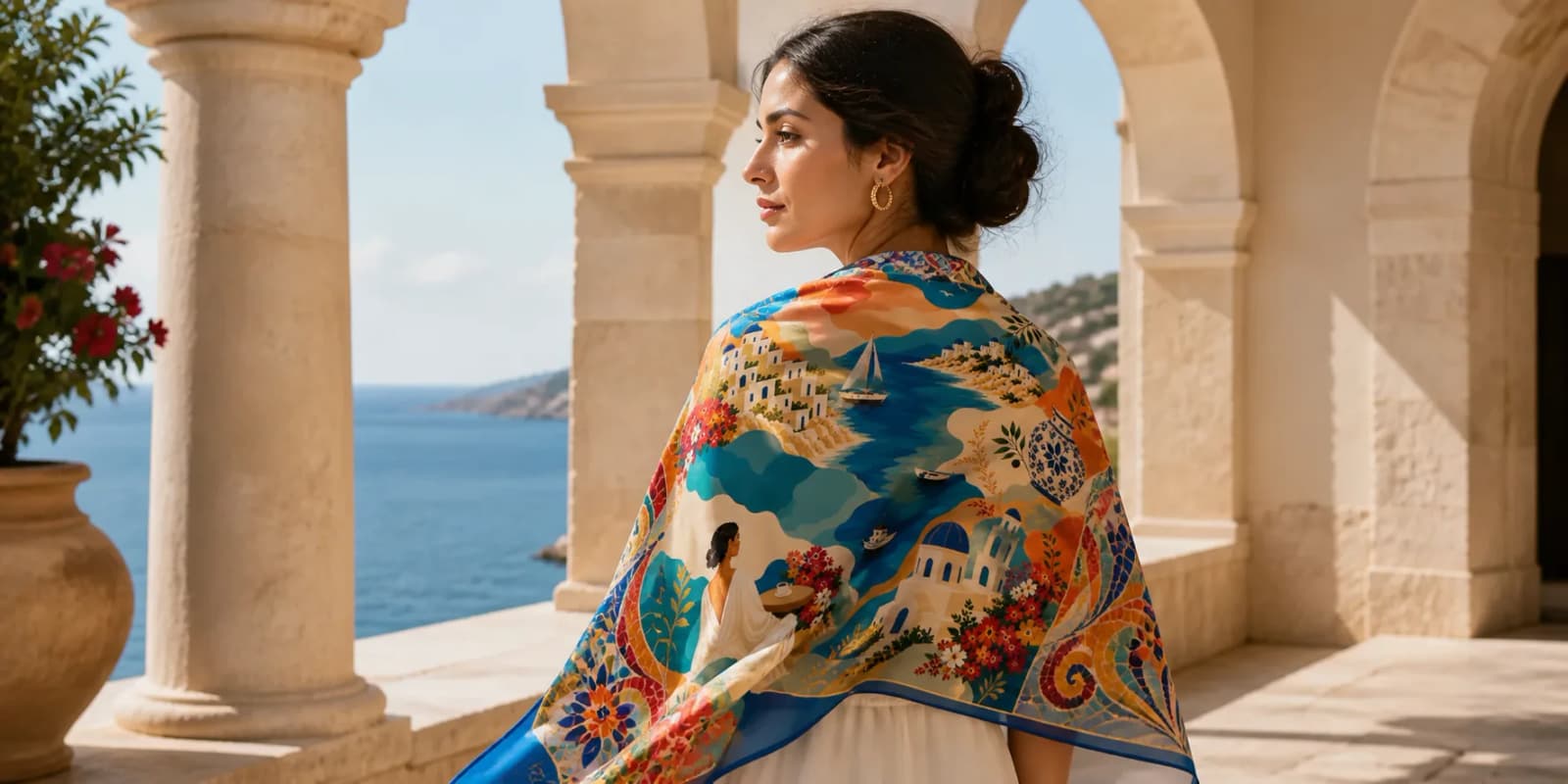 Une femme portant un carré de soie illustré face à la Méditerranée