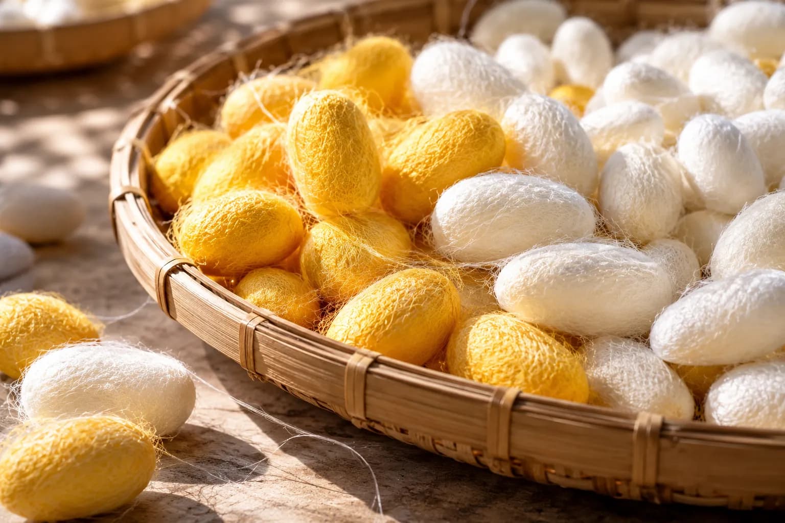 White and golden silk cocoons in a shallow basket.