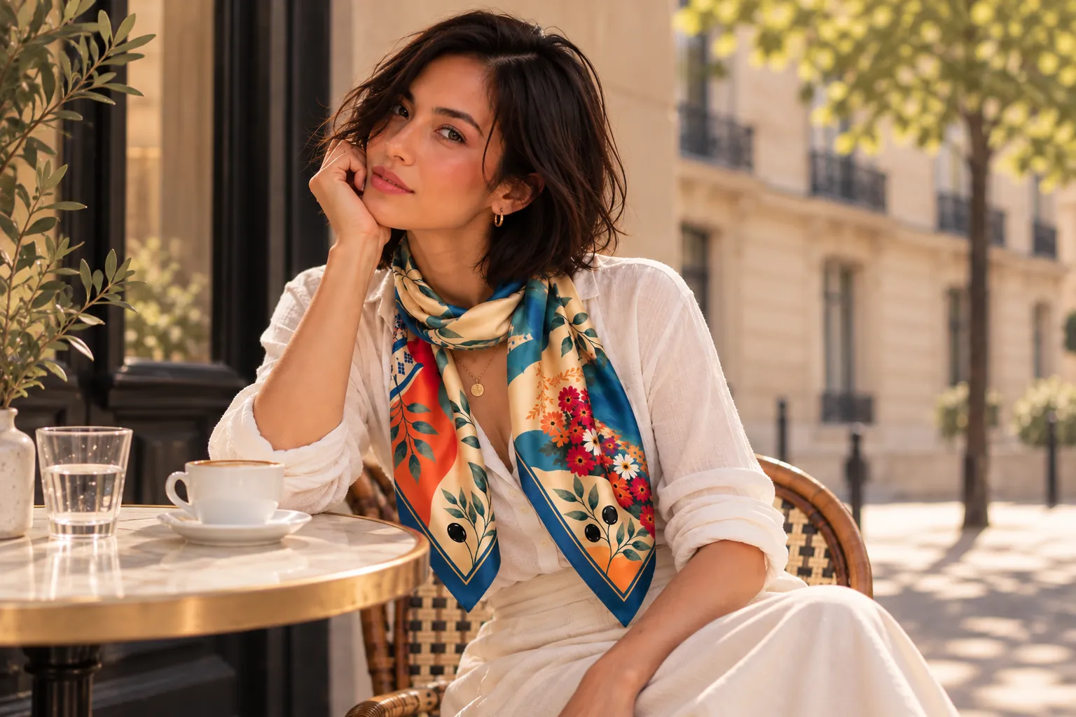 Woman wearing a colorful silk scarf loosely around her neck.