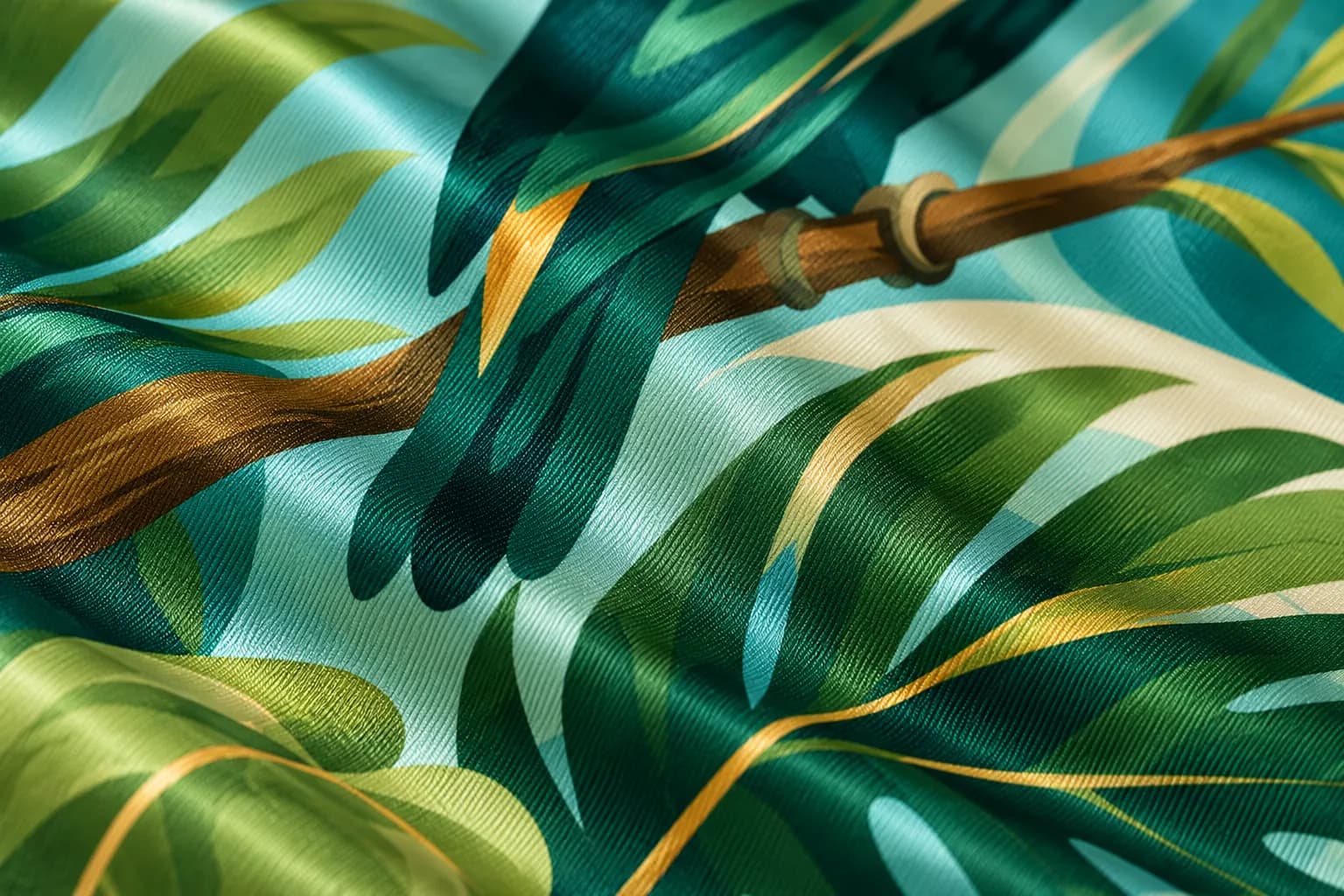 Close-up of teal and gold silk twill with a woven pattern.
